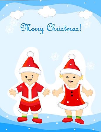 Merry christmas greeting card with a cute little girl and boy wearing santa clothes and hatのイラスト素材