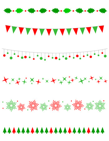 Collection on christmas borders / divider graphics including holly border, bulbs / lights pattern, christmas trees snow and starsのイラスト素材
