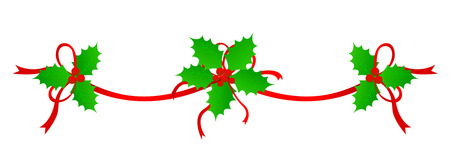 Clean Holly leaves and berries with red ribbons Christmas decoration /holiday border /dividerのイラスト素材