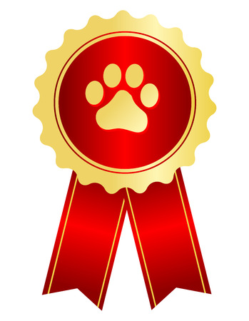 Dog competition winner gold award ribbon / stamp seal with red ribbon and paw print on centerのイラスト素材