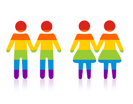 Gay male & female couple silhouette.colorful people holding handsのイラスト素材