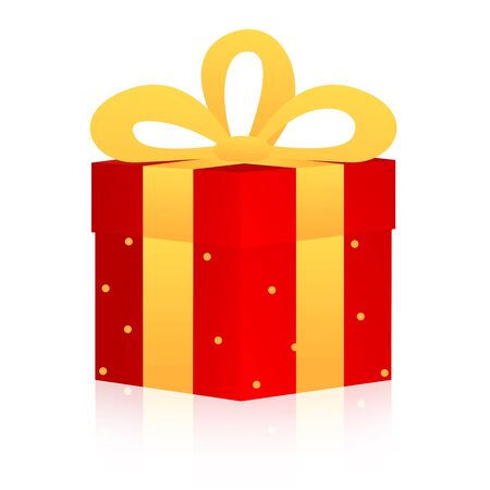 Nicely wrapped red gift box with gold ribbons and bow. Isolated on white backgroundのイラスト素材