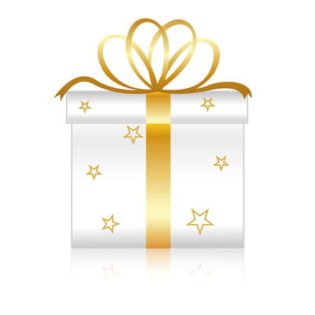 Nicely wrapped white gift box with gold ribbons and bow. Isolated on white backgroundのイラスト素材