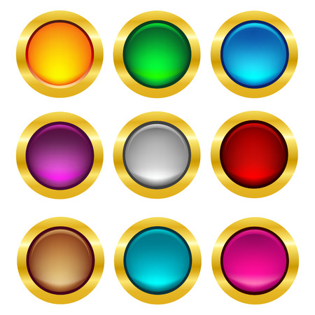 Illustration for Shiny colorful web button collection with elegant gold frame - Royalty Free Image