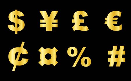 Collection of gold color currency symbols isolated on white backgroundのイラスト素材
