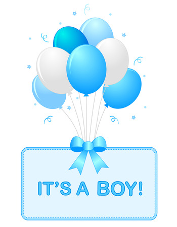 Cute baby boy arrival card text with blue and white balloons isolated on white background. it's a boy cardのイラスト素材