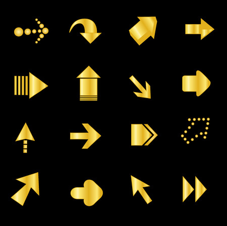 Collection of different shaped golden arrowhead buttons isolated on black backgroundのイラスト素材