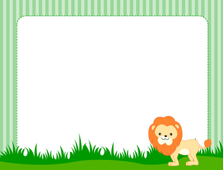 Illustration of a cute little lion on grass border / frame specially for kidsのイラスト素材