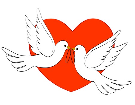 Illustration of two white pigeons / doves carrying two wedding rings on red heart backgoundのイラスト素材
