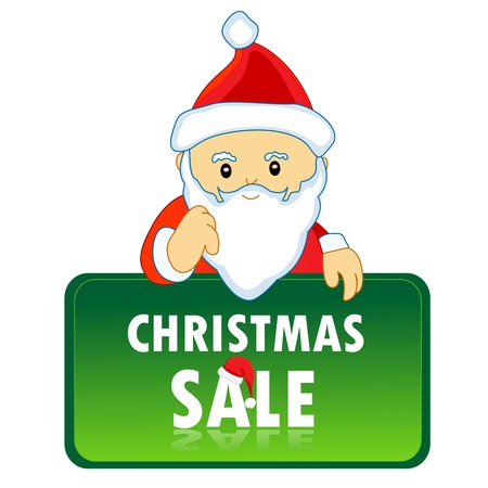 Cute santa claus with a notice board containing christmas sale letters / wording isolated on white background illustrationのイラスト素材