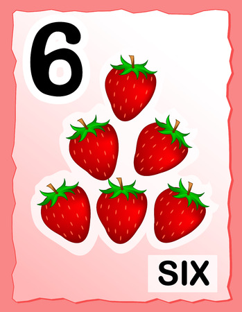 Kids learning material.. printable number six card with an illustration of strawberriesのイラスト素材
