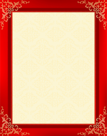 Red picture frame with vintage floral design and textured yellow background.のイラスト素材