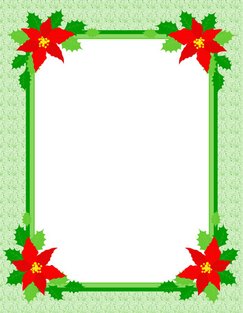 Colorful christmas border with red poinsettia flowers and green stripes on grunge backgroundのイラスト素材