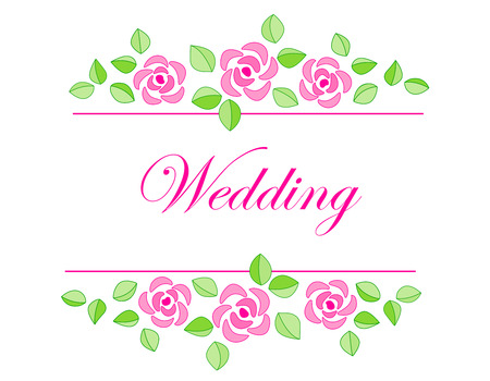 Rose border with beautiful pink roses and wedding text insideのイラスト素材