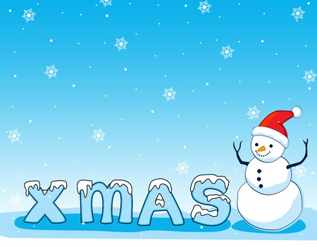Background illustration of happy smiling snowman on blue falling snow background with x-mas text. snowman wearing red santa hat.のイラスト素材