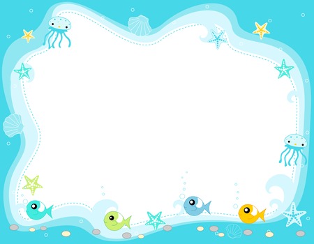 Ocean life, marine life border with cute fish , jellyfish, star fish and seashells illustrationのイラスト素材