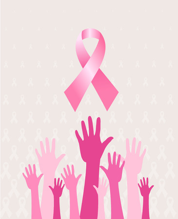 Breast cancer awareness pink ribbon concept with raised hands on textured backgroundのイラスト素材