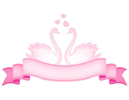Light Pink Swan Couple And Pink Ribbon Banner With Hearts