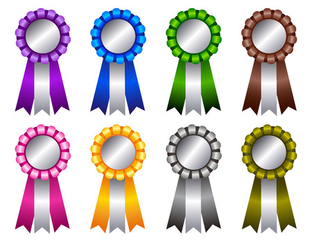 Collection of colorful blank rosette ribbons. Shiny purple blue green brown pink yellow white / gray color ribbons with silverのイラスト素材