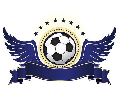 Illustration of a black and white football ball with blue wings and ribbon banner  isolated on white backgroundのイラスト素材