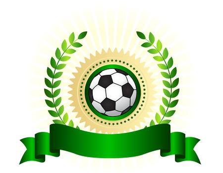 Illustration of black and white soccer ball on a seal and green laurel and ribbon banner.のイラスト素材