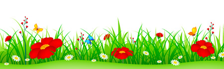 Green grass with cute colorful spring flowers illustration isolated white background. Can use as web site header / Footer / banner. flower bedのイラスト素材