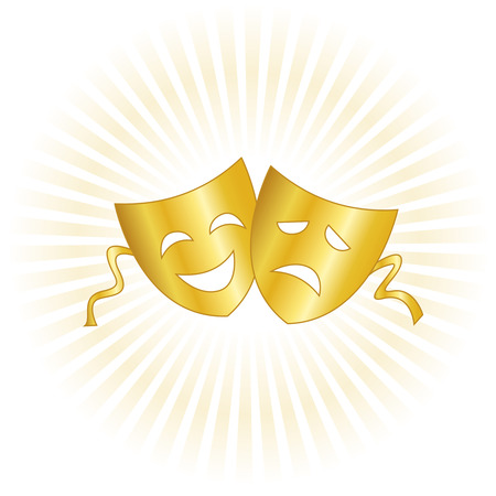 Gold theatrical masks silhouette representing theater comedy and drama over white backgroundのイラスト素材