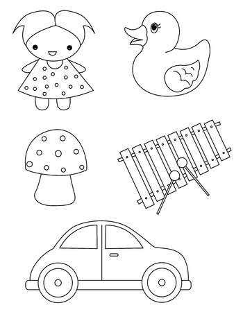Pre school kids coloring bok page / worksheet with beautiful line art illustrations of toys isolated on white backgroundのイラスト素材