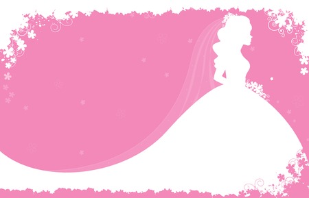 Bridal shower / wedding invitation card background with a beautiful bride with flowers on soft pink floral backgroundのイラスト素材