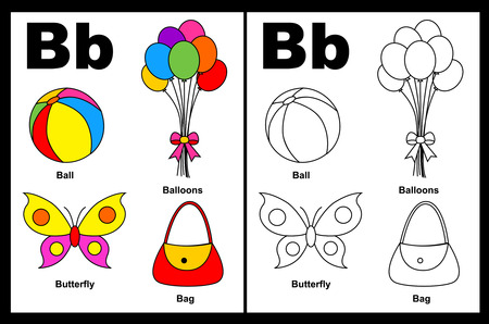 Kids alphabet coloring book page with outlined clip arts to color. Letter Bのイラスト素材