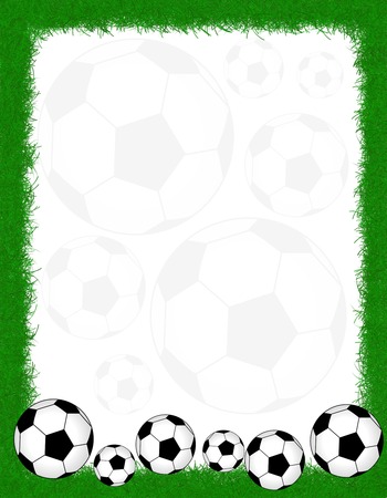 Soccer balls on beautiful green grass frame.の写真素材