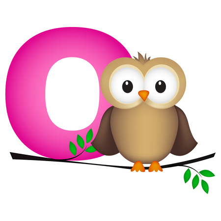 Colorful animal alphabet letter O with a cute owl flash card isolated on white backgroundのイラスト素材