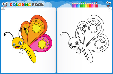 Coloring page butterfly with colorful sample printable worksheet for preschool / kindergarten kids to improve basic coloring skillsのイラスト素材