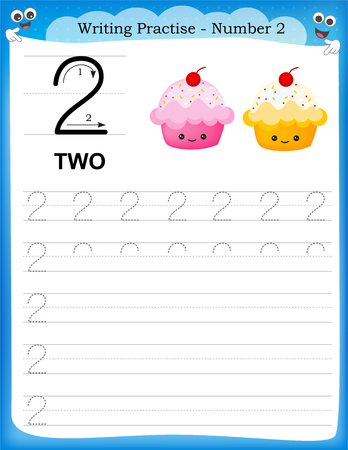 Writing practice number two printable worksheet for preschool / kindergarten kids to improve basic writing skillsのイラスト素材