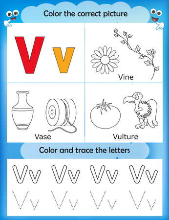 Alphabet learning letters & coloring graphics printable worksheet for preschool / kindergarten kids. Letter Vのイラスト素材