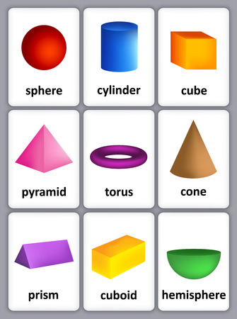 Printable card sheet of a collection of colorful 3D shapes with their correct name for kindergarten / preschool kidsのイラスト素材