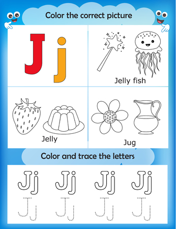 Alphabet learning letters & coloring graphics printable worksheet for preschool / kindergarten kids. Letter Jのイラスト素材
