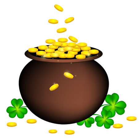 Gold coin pot with shamrock. St. Patrick's day design for good luckのイラスト素材