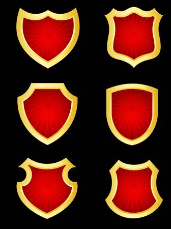 Collection of different shaped golden and red shields.のイラスト素材