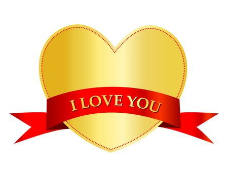 Gold heart with a red i love you ribbonのイラスト素材