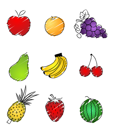Vector fruit logo. Fruit silhouettes icons for groceries, agriculture stores, packaging and advertising. Vector labels design.のイラスト素材