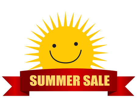 Sun with summer sale red ribbon web banner design isolated on whiteのイラスト素材