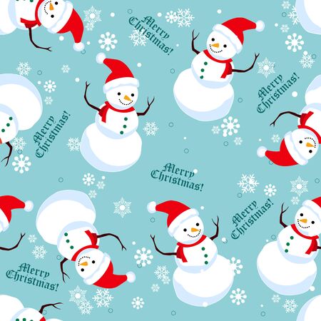 A snowman seamless pattern in blue red turquoise and white background for Christmas holiday.のイラスト素材