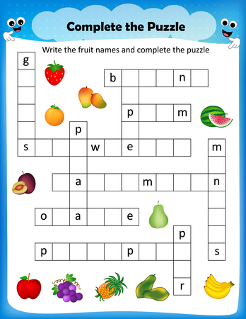 worksheet - complete the crossword puzzle fruits worksheet for preschool kidsのイラスト素材