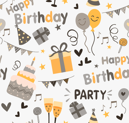 Colorful birthday party pattern with cute birthday graphics.のイラスト素材
