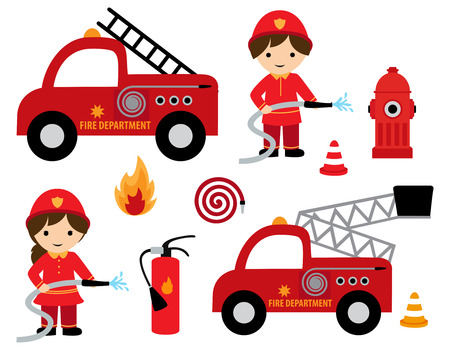 Fire fighter girl and boy with different fire related cliparts icon collectionのイラスト素材