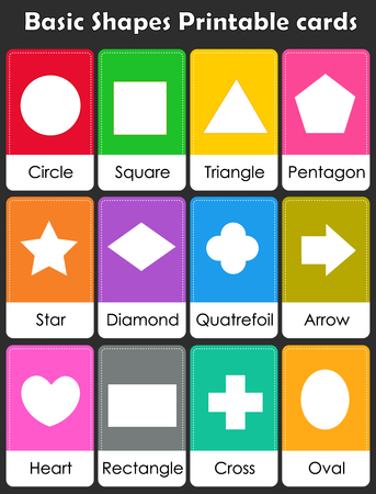 Colorful geometric shapes with their name flash card collection isolated on white background for preschool kidsのイラスト素材