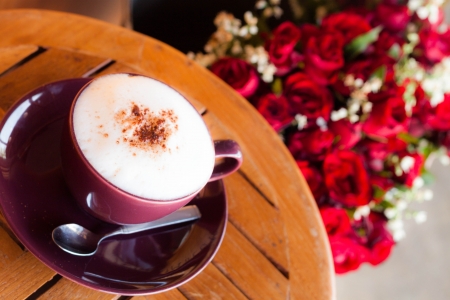 Romantic breakfast coffee and with red roseの写真素材
