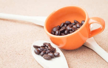 Coffee bean in ceramic cup and wood spoonの写真素材