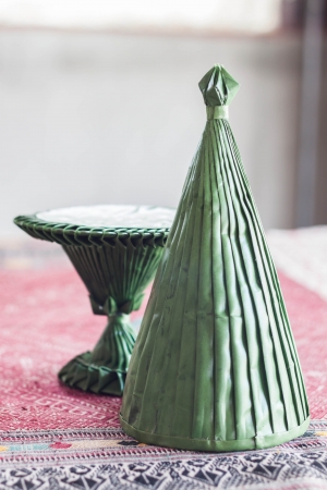 Handmade rituals cone from artificial banana leafの写真素材